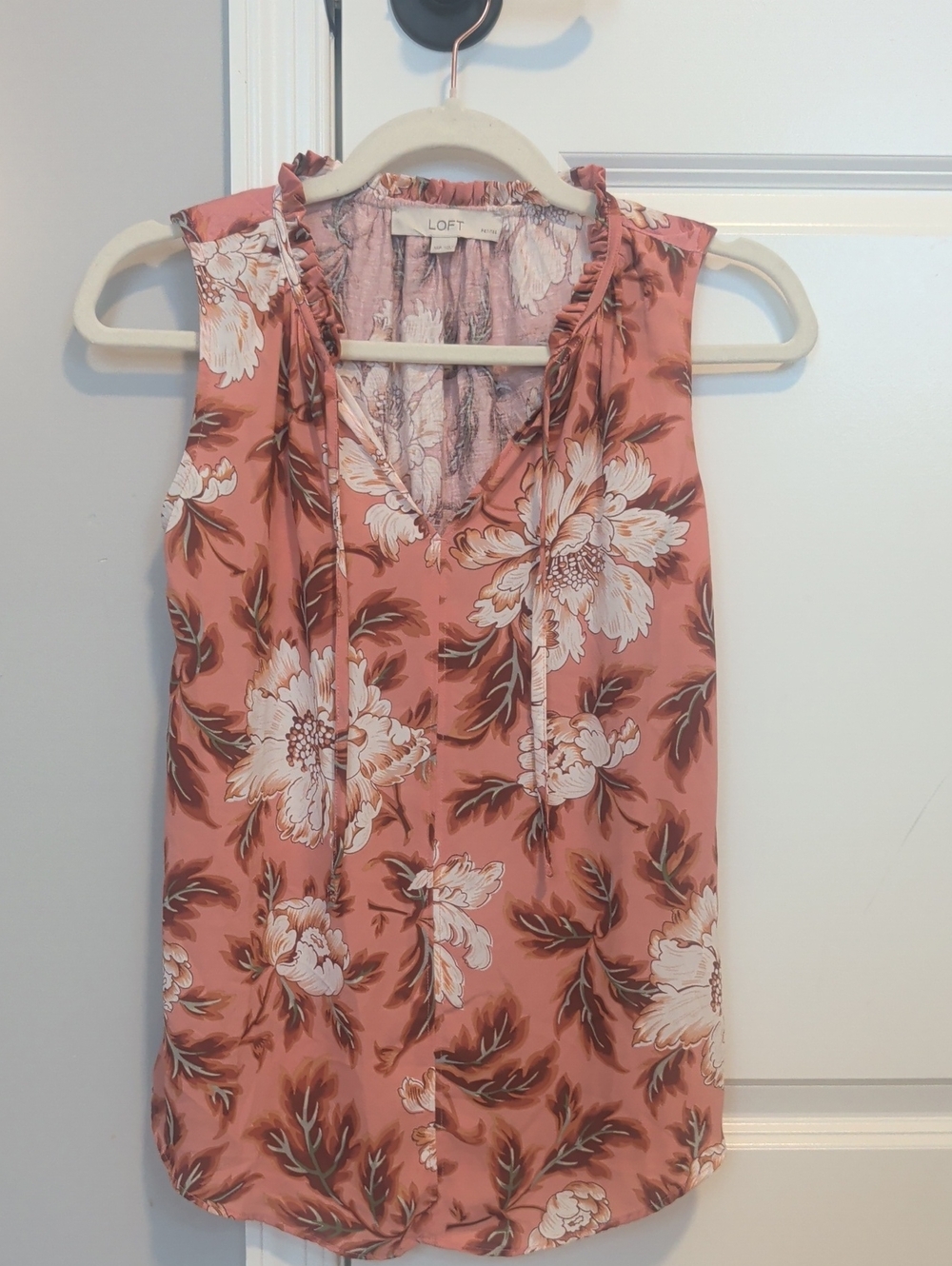 LOFT Pink Floral Ruffle V-Neck Sleeveless Top